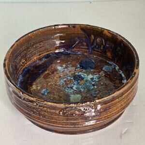 Ruadonn Hand Thrown Bowl Planter Studio Pottery Brown Blue Rustic Drip Signed